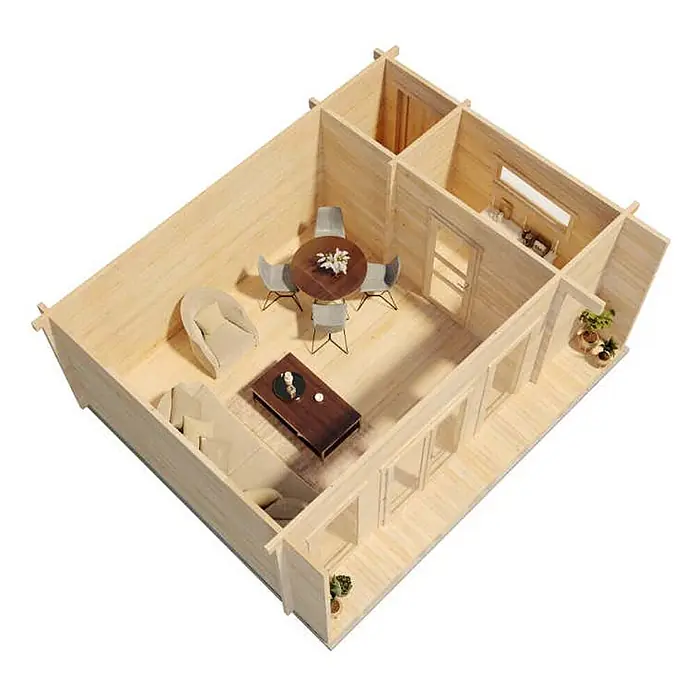 Alpholz Gartenhaus Carla 70 - Außenmaß inkl. Dachüberstand (B x T): 622 x 492 cm, Holz, Naturbelassen - Modell eines hellen Holzhütten-Innenraums mit möbliertem Wohn- und Essbereich sowie kleiner Küche/Bad.