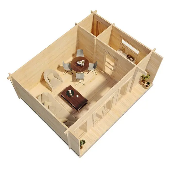 Alpholz Gartenhaus Carla 70 - Außenmaß inkl. Dachüberstand (B x T): 622 x 492 cm, Holz, Naturbelassen - Hellholzmodell eines möblierten Blockhaus-Innenraums mit Wohn- und Essbereich.