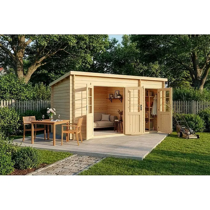 Alpholz Gartenhaus Maria - Außenmaß inkl. Dachüberstand (B x T): 450 x 272 cm, Holz, Naturbelassen - Gartenhaus aus hellem Holz mit zwei Bereichen: gemütlicher Lounge und praktischem Stauraum, auf einer Terrasse im Garten.