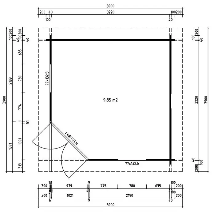 Alpholz Gartenhaus Oregon 40 - Außenmaß inkl. Dachüberstand (B x T): 390 x 390 cm, Holz, Naturbelassen - Grundriss eines kleinen quadratischen Gebäudes mit Maßen, Eckeingang und 9,85 m² Innenfläche.