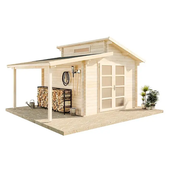 Alpholz Gartenhaus Aktiva - Außenmaß inkl. Dachüberstand (B x T): 490 x 360 cm, Holz, Naturbelassen - Gartenhaus aus hellem Holz mit seitlichem Unterstand, Doppeltür und Spitzdach. Bietet Platz für Kaminholz und Geräte.
