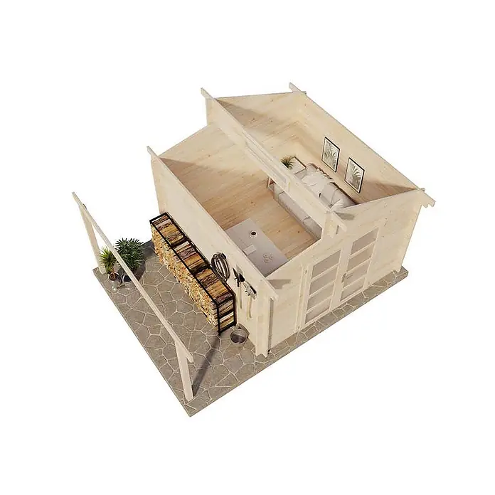 Alpholz Gartenhaus Aktiva - Außenmaß inkl. Dachüberstand (B x T): 490 x 360 cm, Holz, Pinie - Helle Gartenhütte aus Holz mit offenem Innenbereich, Bett und Tisch, sowie einem angeschlossenen Außenlager für Brennholz und Pflanzen.