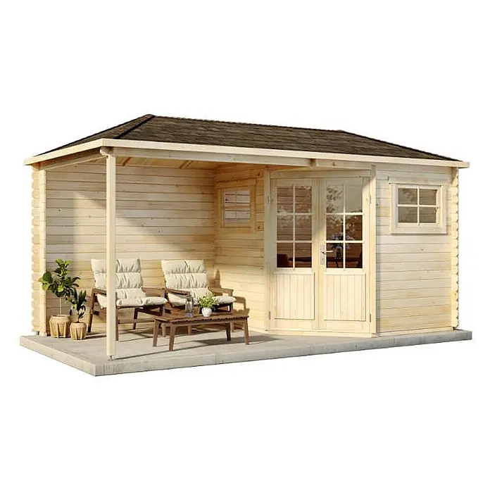 Alpholz Gartenhaus Franz - Außenmaß inkl. Dachüberstand (B x T): 510 x 260 cm, Holz, Naturbelassen - Gartenhaus aus hellem Holz mit überdachter Veranda und Sitzgelegenheiten.
