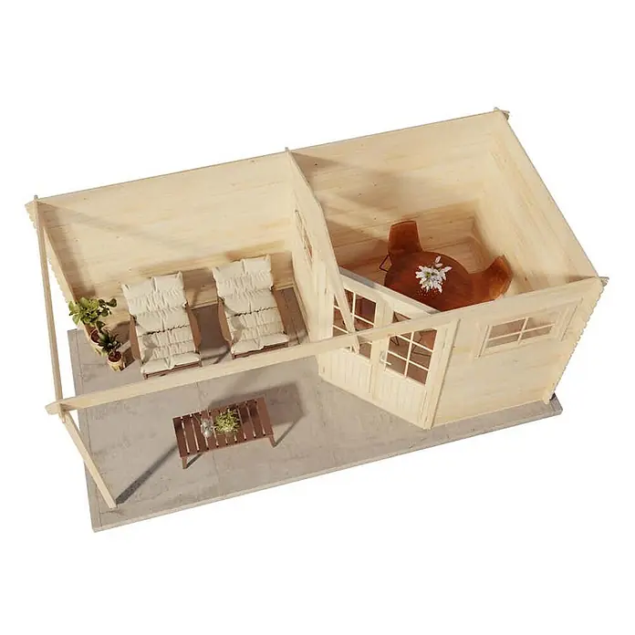 Alpholz Gartenhaus Franz - Außenmaß inkl. Dachüberstand (B x T): 510 x 260 cm, Holz, Naturbelassen - Helle Holz-Mini-Sauna mit offener Terrasse, zwei Liegestühlen und einem kleinen Tisch.