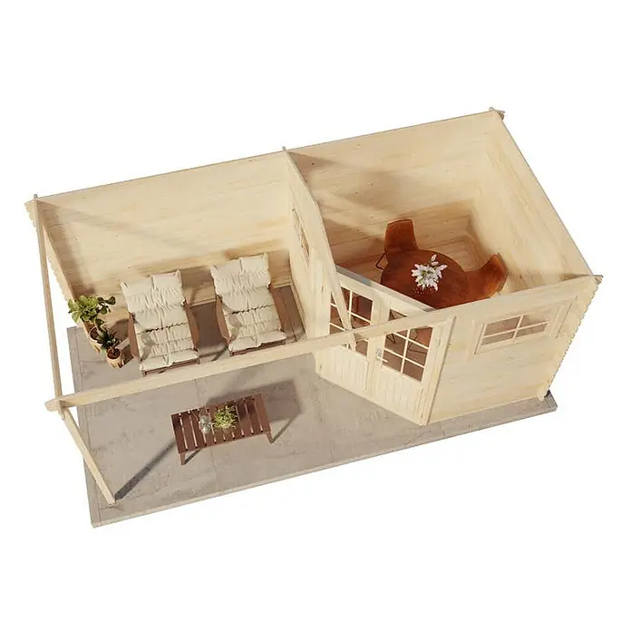 Alpholz Gartenhaus Franz - Außenmaß inkl. Dachüberstand (B x T): 510 x 260 cm, Holz, Naturbelassen - Helles Holzgartenhaus mit offener Terrasse und zwei Sonnenliegen, sowie einem geschlossenen Raum mit Tisch.