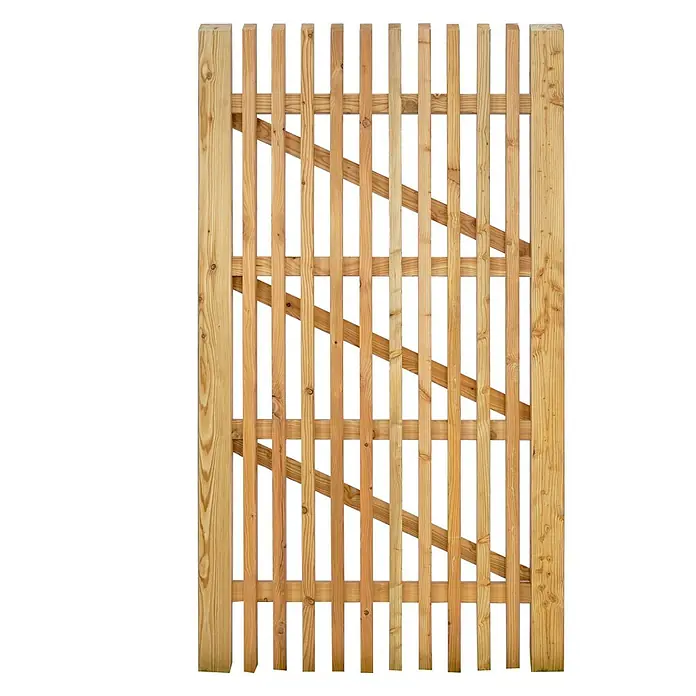 GartenLand Zauntor Lattenzaun WIEN abgeschrägt - 100 x 180 cm, Lärche, Holz - Hellbraunes Holztor mit Latten und diagonaler Verstrebung.