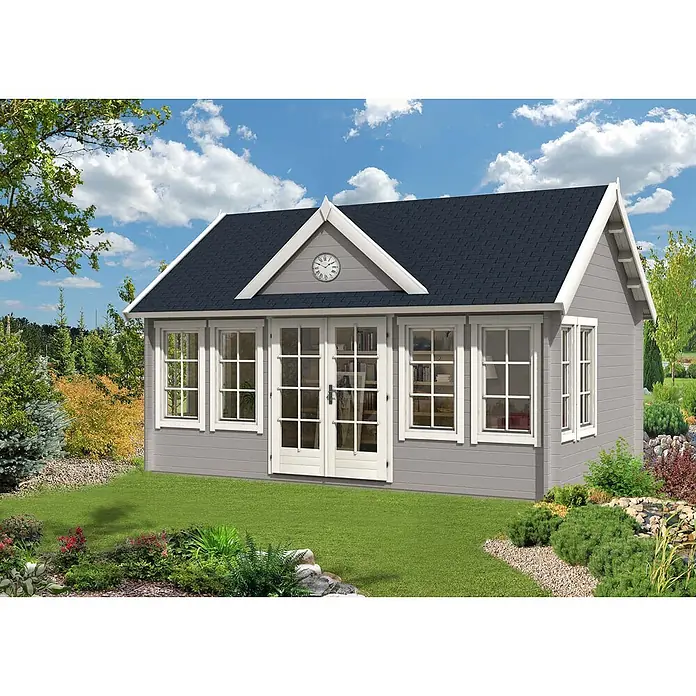 Alpholz Gartenhaus CLOCKHOUSE® XL - Außenmaß inkl. Dachüberstand (B x T): 570 x 410 cm, Holz, Naturbelassen - Graues Gartenhaus aus Holz mit weißem Rahmen, dunklem Dach, großen Fenstern, Doppeltüren und Giebeluhr im Garten.