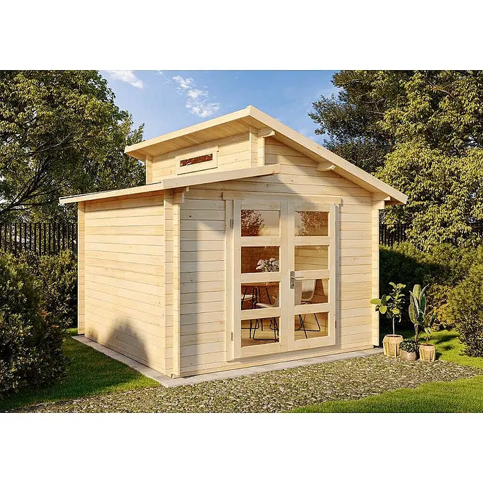 Alpholz Gartenhaus Aktiva - Außenmaß inkl. Dachüberstand (B x T): 360 x 360 cm, Holz, Naturbelassen - Helles Gartenhaus aus Holz mit gläserner Doppeltür.