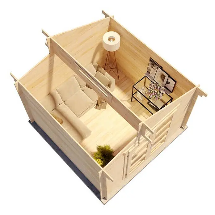 Alpholz Gartenhaus Aktiva - Außenmaß inkl. Dachüberstand (B x T): 360 x 360 cm, Holz, Naturbelassen - Helles Holz-Miniaturhausmodell mit offenem Dach, das zwei möblierte Räume mit Sofas, Couchtisch und Stehlampe zeigt.
