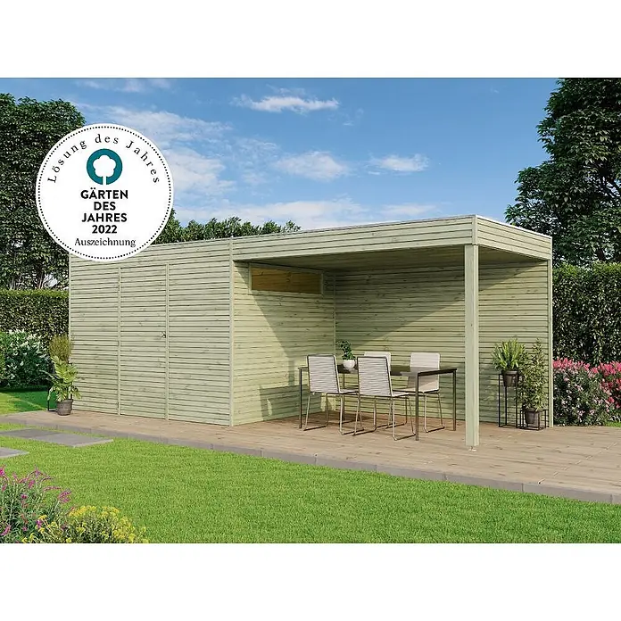 Alpholz Gartenhaus QB - Außenmaß inkl. Dachüberstand (B x T): 420 x 300 cm, Holz, Braun - Grüner Holz-Gartenschuppen mit integrierter überdachter Terrasse, möbliert mit Tisch und Stühlen.
