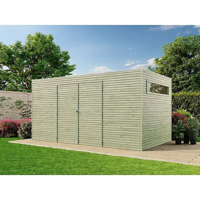 Alpholz Gartenhaus QB - Außenmaß inkl. Dachüberstand (B x T): 420 x 300 cm, Holz, Braun - Großes hellgrünes Holzgartenhaus mit zwei Türen und einem Querfenster, auf einer Terrasse im Garten.