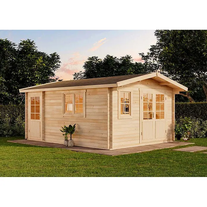 Alpholz Gartenhaus Jennifer - Außenmaß inkl. Dachüberstand (B x T): 400 x 550 cm, Holz, Naturbelassen - Helle Holzgartenlaube mit mehreren Fenstern und Türen, auf Holzsockel.