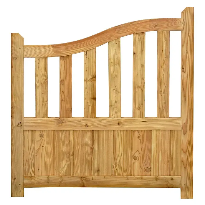 GartenLand Zauntor Vorgartenzaun GRAZ gebogen - 100 x 105 cm, Lärche, Holz - Ein hellbraunes Holztor mit gebogenem oberen Holm und vertikalen Latten über massiven Bohlen.