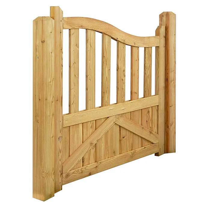GartenLand Zauntor Vorgartenzaun GRAZ gebogen - 100 x 105 cm, Lärche, Holz - Helles, imprägniertes Kieferngartentor mit Rundbogen, vertikalen Latten und einem unteren Massivfeld mit Diagonale.