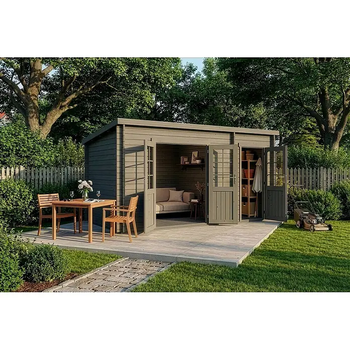 Alpholz Gartenhaus Maria - Außenmaß inkl. Dachüberstand (B x T): 450 x 272 cm, Holz, Grau - Modernes graues Holz-Gartenhaus mit gemütlicher Lounge und Stauraum. Daneben eine Außenterrasse mit Essmöbeln.