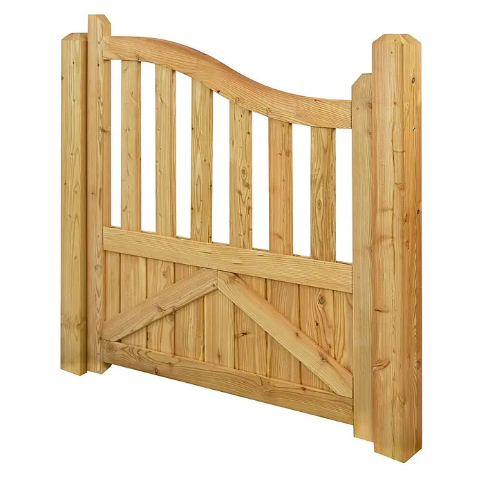 GartenLand Zauntor Vorgartenzaun GRAZ gebogen - 100 x 105 cm, Lärche, Holz - Helles Holztor mit gewölbtem Oberteil, vertikalen Latten und massiver unterer Platte mit Querstreben.