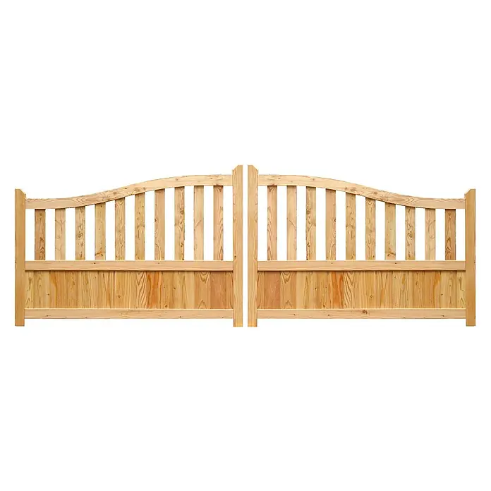 GartenLand Zauntor Doppeltor Vorgartenzaun GRAZ gebogen Holzzaun PEFC - 300 x 105 cm, Lärche, Holz - Doppeltes Holztor mit Bogen, vertikalen Latten oben und massivem Paneel unten, aus hellem Naturholz.