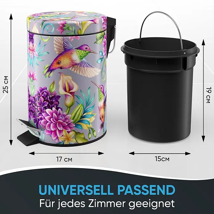 SANILO Kosmetikeimer Kolibri - 3 l, Metall, Lila|Multicolor - Dekorativer grauer Treteimer (25cm H x 17cm T) mit bunten Kolibri- und Blumenmustern, gezeigt mit seinem schwarzen Inneneimer.
