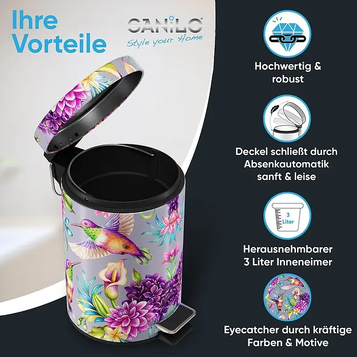 SANILO Kosmetikeimer Kolibri - 3 l, Metall, Lila|Multicolor - Bunter 3-Liter-Tretmülleimer mit lebhaftem Blumen- und Kolibri-Muster, sanft schließendem Deckel und herausnehmbarem Inneneimer.