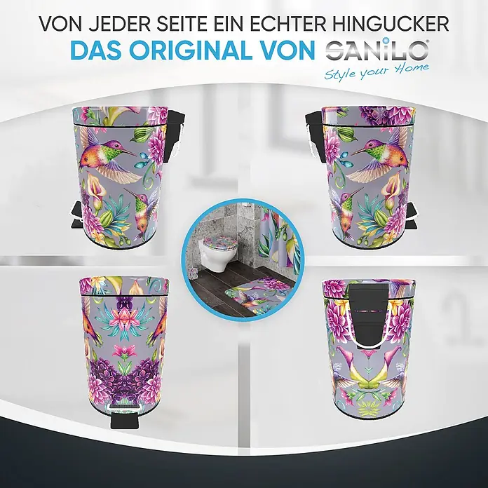 SANILO Kosmetikeimer Kolibri - 3 l, Metall, Lila|Multicolor - Treteimer mit lebhaftem Kolibri- und Blumenmuster, aus verschiedenen Blickwinkeln und als Teil eines passenden Badsets.