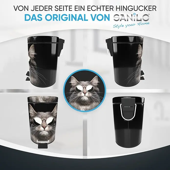 SANILO Kosmetikeimer Cool Cat - 3 l, Metall, Schwarz|Grau|Braun|Weiß - Schwarzer Treteimer mit Katzenmotiv und Sonnenbrille, aus verschiedenen Blickwinkeln gezeigt.