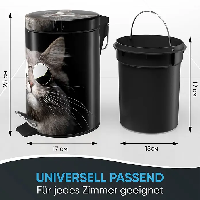 SANILO Kosmetikeimer Cool Cat - 3 l, Metall, Schwarz|Grau|Braun|Weiß - Schwarzer Treteimer mit coolem Katzenmotiv und separatem Inneneimer, mit Maßen dargestellt.