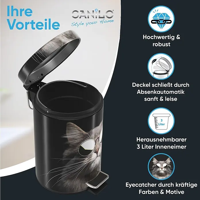 SANILO Kosmetikeimer Cool Cat - 3 l, Metall, Schwarz|Grau|Braun|Weiß - Schwarzer 3-Liter-Tretmülleimer mit coolem Katzenmotiv und Soft-Close-Deckel.