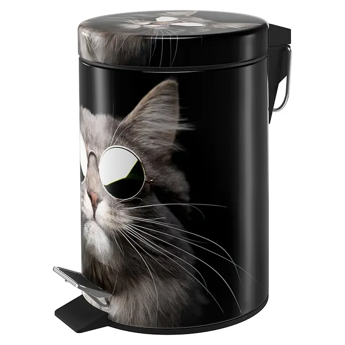 SANILO Kosmetikeimer Cool Cat - 3 l, Metall, Schwarz|Grau|Braun|Weiß - Schwarzer Treteimer mit Aufdruck einer grauen Katze mit Sonnenbrille.