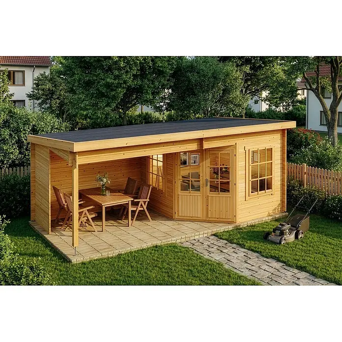 Alpholz Gartenhaus Carl 28mm Wandstärke - Außenmaß inkl. Dachüberstand (B x T): 598 x 330 cm, Holz, Pinie - Gartenhaus aus Naturholz mit Flachdach und integrierter Terrassensitzgruppe. Ideal für Garten und Stauraum.