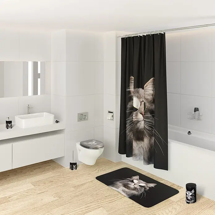 SANILO Kosmetikeimer Cool Cat - 3 l, Metall, Schwarz|Grau|Braun|Weiß - Schwarzes Badaccessoire-Set mit coolem Katze-mit-Sonnenbrille-Design, inklusive Duschvorhang, Badematte und Toiletten-Zubehör, in modernem Badezimmer.