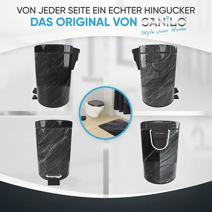 SANILO Kosmetikeimer Granit - 3 l, Metall, Schwarz|Grau|Dunkelgrau - Schwarzer Mülleimer in Steinoptik aus verschiedenen Perspektiven, mit passenden Badaccessoires wie Toilette, Matte und Bürste.