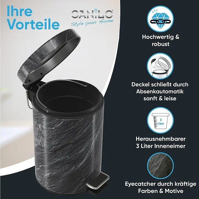 SANILO Kosmetikeimer Granit - 3 l, Metall, Schwarz|Grau|Dunkelgrau - Dunkelgrauer Treteimer mit Schieferstruktur, offenem Deckel und herausnehmbarem 3-Liter-Inneneimer.