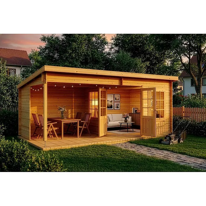 Alpholz Gartenhaus Carl 28mm Wandstärke - Außenmaß inkl. Dachüberstand (B x T): 598 x 330 cm, Holz, Pinie - Holzhütte mit Lichterkette, offenem Essbereich und geschlossenem Wohnbereich, im Garten gelegen.