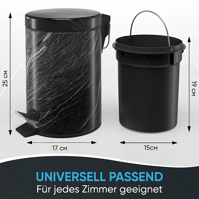 SANILO Kosmetikeimer Granit - 3 l, Metall, Schwarz|Grau|Dunkelgrau - Schwarz marmorierter Tretmülleimer mit Pedal und schwarzem Inneneimer mit Metallgriff. Abmessungen sind sichtbar.