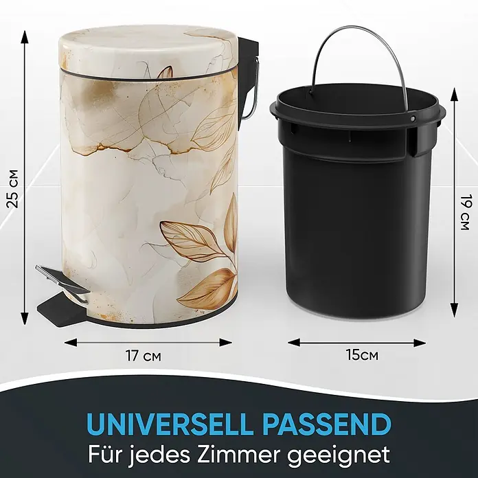 SANILO Kosmetikeimer Faylora - 3 l, Metall, Orange|Beige - Cremefarbener Treteimer mit goldbraunem Blattmuster und herausnehmbarem schwarzem Inneneimer mit Metallgriff. Maße: Eimer 25x17cm, Inneneimer 19x15cm.