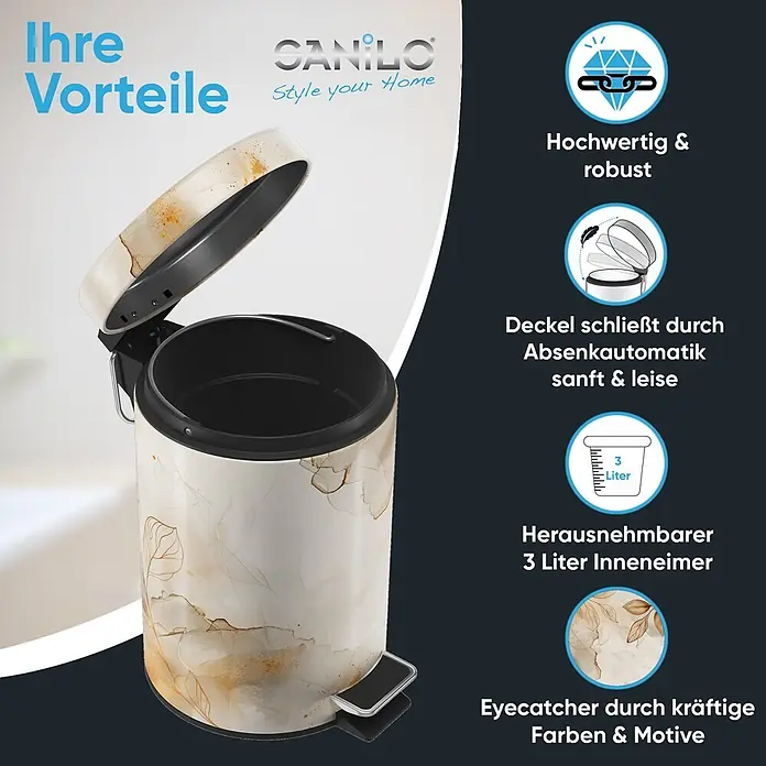SANILO Kosmetikeimer Faylora - 3 l, Metall, Orange|Beige - Creme-gold gemusterter 3-Liter-Tretmülleimer mit Soft-Close-Deckel und herausnehmbarem Inneneimer, verziert mit eleganten Blattmotiven.