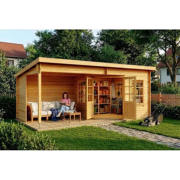 Alpholz Gartenhaus Carl 28mm Wandstärke - Außenmaß inkl. Dachüberstand (B x T): 598 x 330 cm, Holz, Pinie - Gartenhaus aus Naturholz mit offenem Lounge-Bereich und geschlossenem Abstellraum für Entspannung und Gartengeräte.