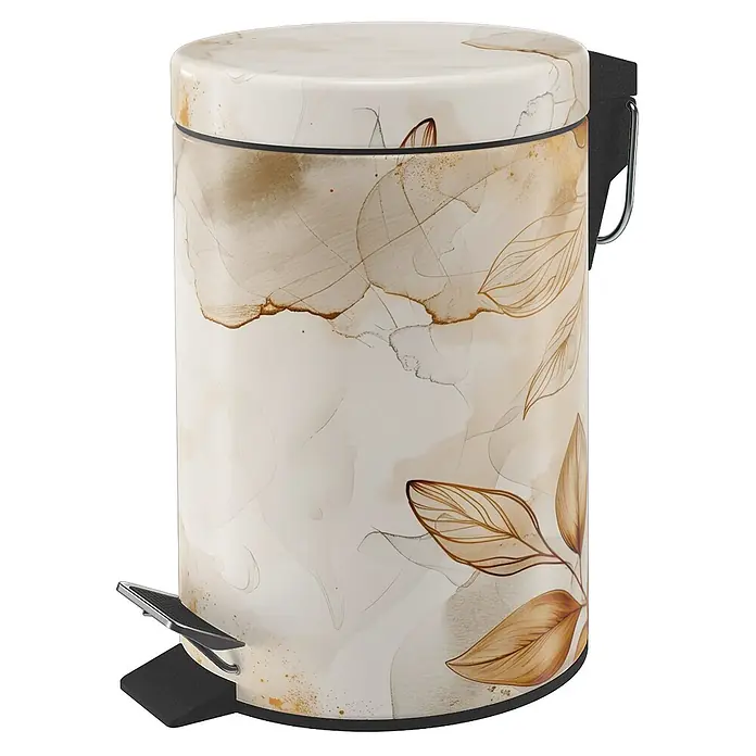 SANILO Kosmetikeimer Faylora - 3 l, Metall, Orange|Beige - Beiger Tretmülleimer mit abstraktem Blattmuster in Braun- und Goldtönen. Schwarzes Pedal und Griff.