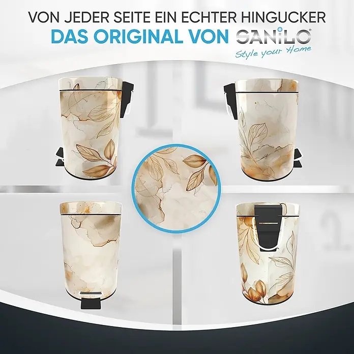SANILO Kosmetikeimer Faylora - 3 l, Metall, Orange|Beige - Beiger Treteimer mit elegantem braun-goldenem Blumen- und Marmormuster, aus verschiedenen Blickwinkeln und Nahaufnahme.
