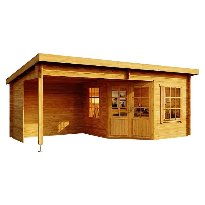 Alpholz Gartenhaus Carl 28mm Wandstärke - Außenmaß inkl. Dachüberstand (B x T): 598 x 330 cm, Holz, Pinie - Gartenhaus aus hellem Naturholz mit kleiner Veranda, Fenstern und Doppeltüren.