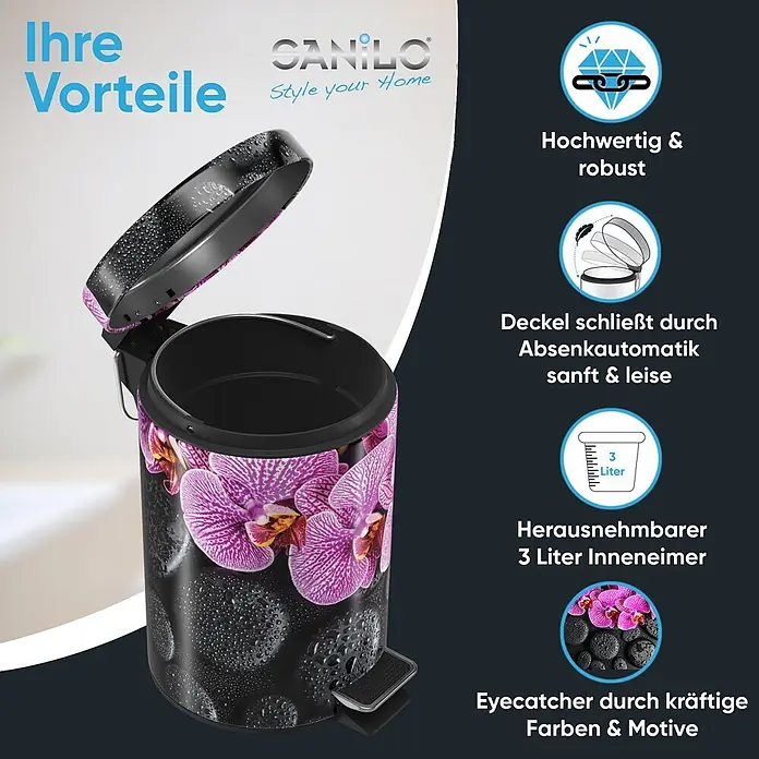 SANILO Kosmetikeimer Madeira - 3 l, Metall, Schwarz|Violett - Schwarzer Tretmülleimer mit lila Orchideenmotiv und Wassertropfen, Deckel offen, mit Pedal.