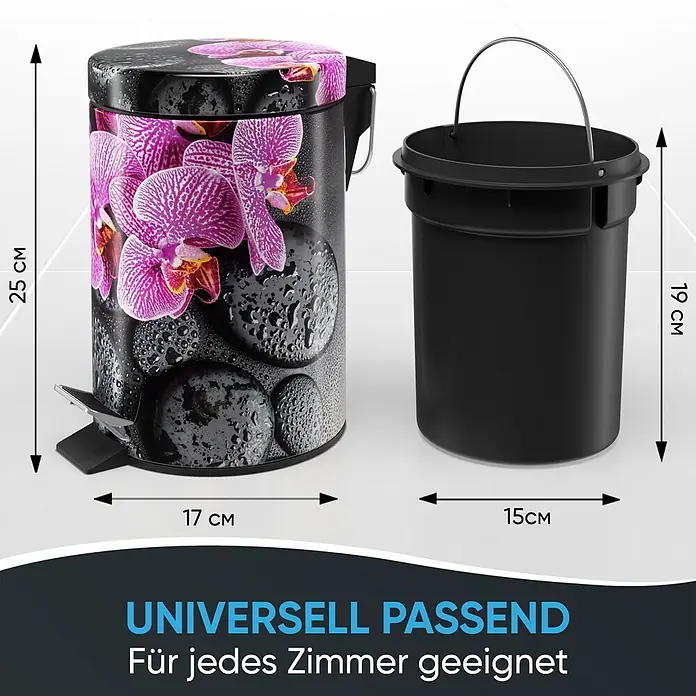 SANILO Kosmetikeimer Madeira - 3 l, Metall, Schwarz|Violett - Schwarzer Treteimer mit Orchideen-/Steinmotiv, inklusive herausnehmbarem schwarzem Inneneimer mit Griff. 25 cm hoch.