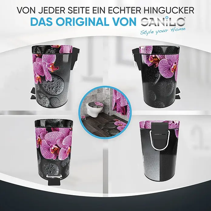 SANILO Kosmetikeimer Madeira - 3 l, Metall, Schwarz|Violett - Bad-Treteimer mit lila Orchideen und schwarzen Kieselsteinen. Mehrere Ansichten und passendes Badset.