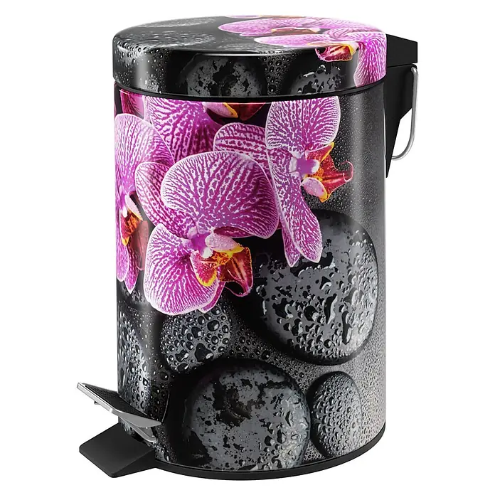SANILO Kosmetikeimer Madeira - 3 l, Metall, Schwarz|Violett - Schwarzer Metall-Tretmülleimer mit lebhaftem rosa Orchideen-, schwarzem Stein- und Wassertropfenmuster.
