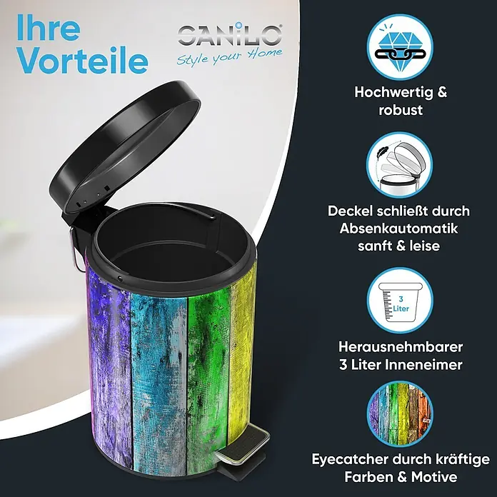 SANILO Kosmetikeimer Rainbow - 3 l, Metall, Blau|Multicolor|Lila|Grün - Bunter Treteimer mit schwarzem Deckel und einem lebhaften Regenbogen-Holzplanken-Design. Mit sanft schließendem Deckel und Fußpedal.