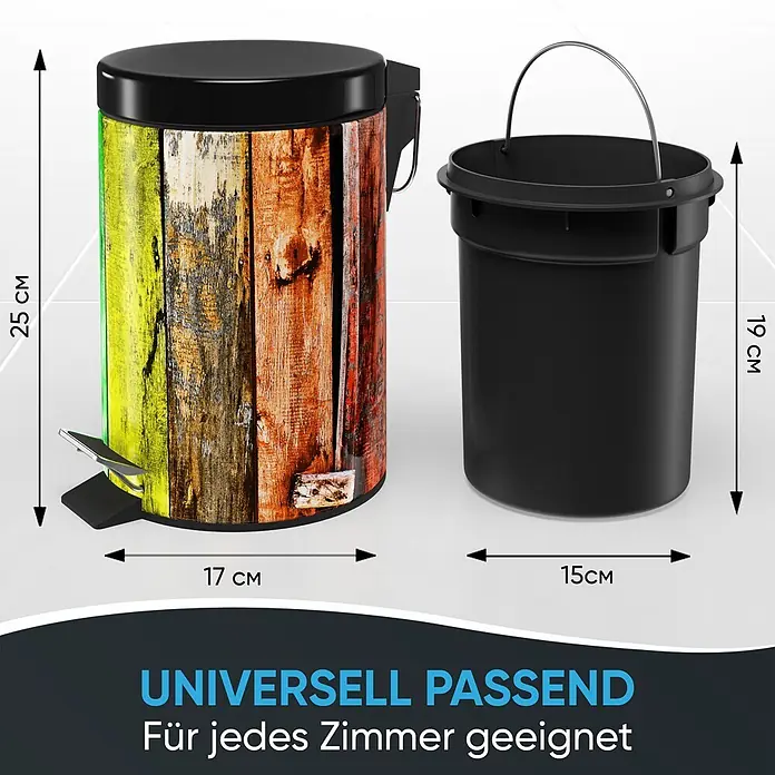SANILO Kosmetikeimer Rainbow - 3 l, Metall, Blau|Multicolor|Lila|Grün - Bunter Treteimer mit Altholz-Muster, schwarzem Deckel und Pedal, daneben ein schwarzer Inneneimer mit Metallgriff.