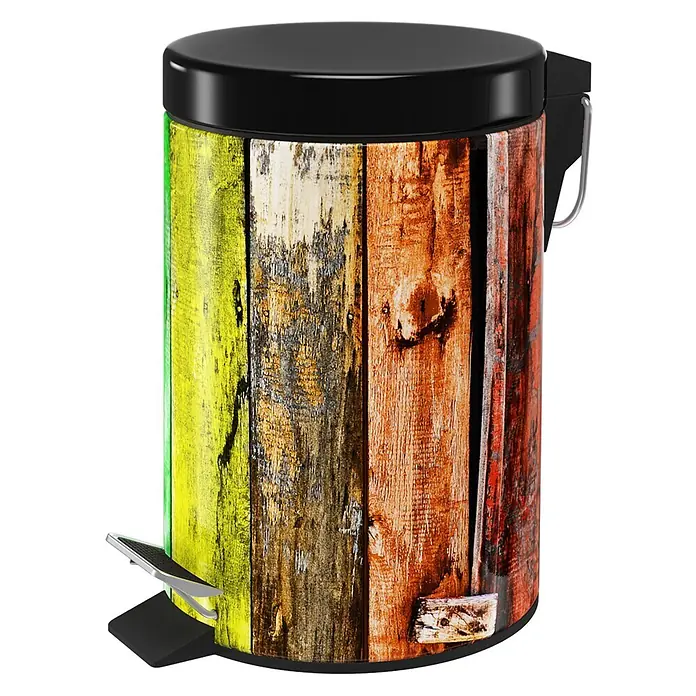 SANILO Kosmetikeimer Rainbow - 3 l, Metall, Blau|Multicolor|Lila|Grün - Farbenfroher Treteimer mit Holzplankenmuster in Grün, Weiß, Orange und Rot, mit schwarzem Deckel und silbernem Pedal.