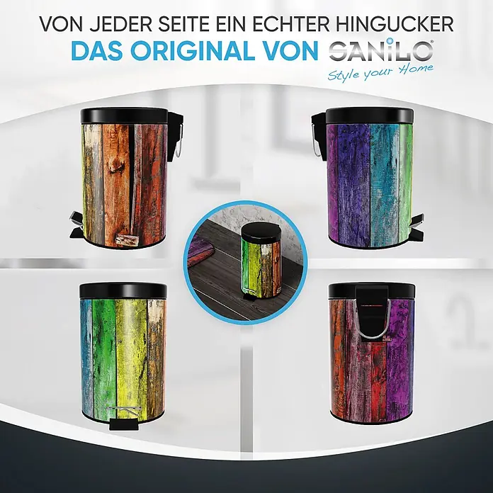 SANILO Kosmetikeimer Rainbow - 3 l, Metall, Blau|Multicolor|Lila|Grün - Bunte Treteimer mit einem verwitterten Holzplanken-Design, gezeigt in verschiedenen Farbvariationen.