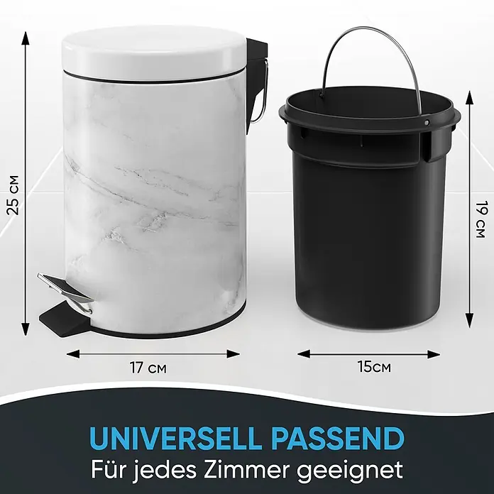 SANILO Kosmetikeimer Marmor - 3 l, Metall, Weiß|Grau - Weißer Treteimer im Marmor-Design mit weißem Deckel und herausnehmbarem schwarzem Inneneimer mit Metallgriff.