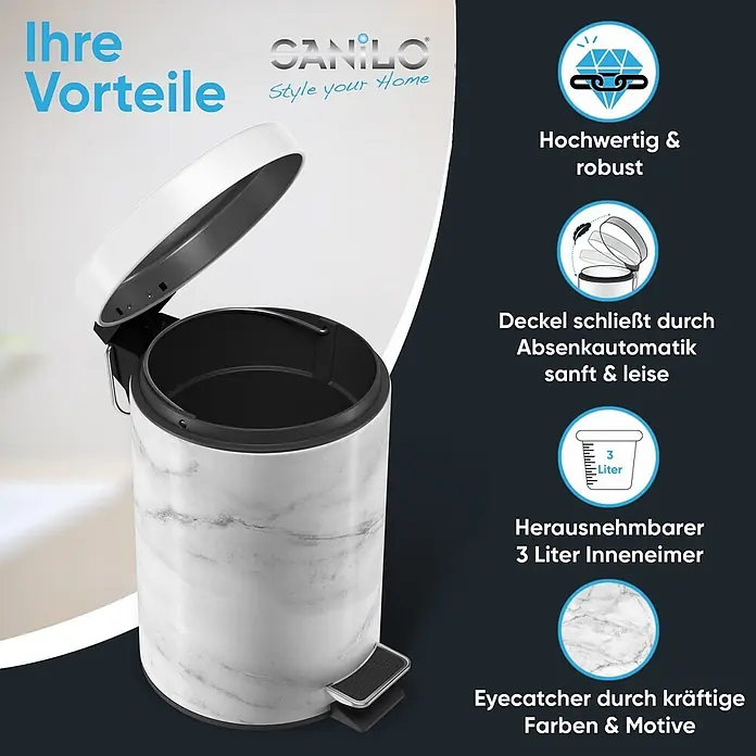 SANILO Kosmetikeimer Marmor - 3 l, Metall, Weiß|Grau - Weißer Tretmülleimer mit Marmormuster, 3 Liter Fassungsvermögen, weißem Deckel und herausnehmbarem Inneneimer.